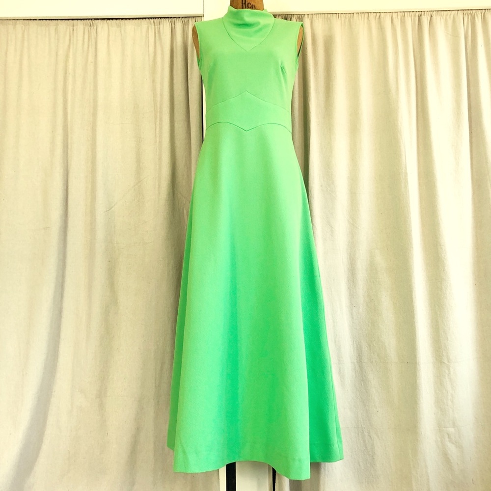 SOLD Vintage 60s Acid Green Poly Knit Maxi Dress - Picture 3 of 8